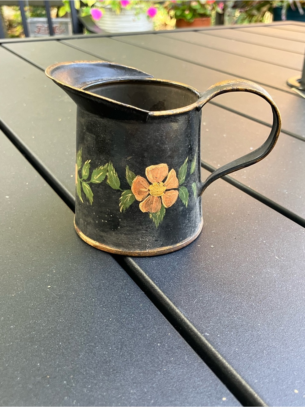 Vintage Hand-Painted Toleware Floral Metal Pitcher